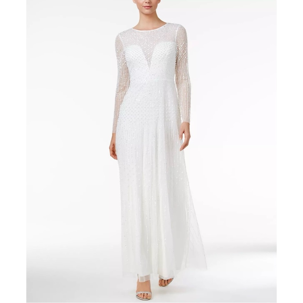 Adrianna Papell White Pearl Beaded Illusion Sweetheart Long Sleeve Wedding Dress